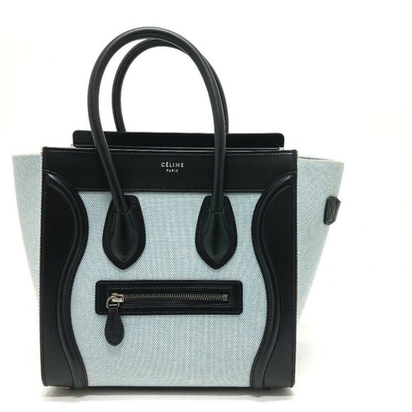 Celine Handbags - AUTHENTIC CELINE 167792 Luggage micro Shopper Hand Bag Leather/Canvas Blue x Bla